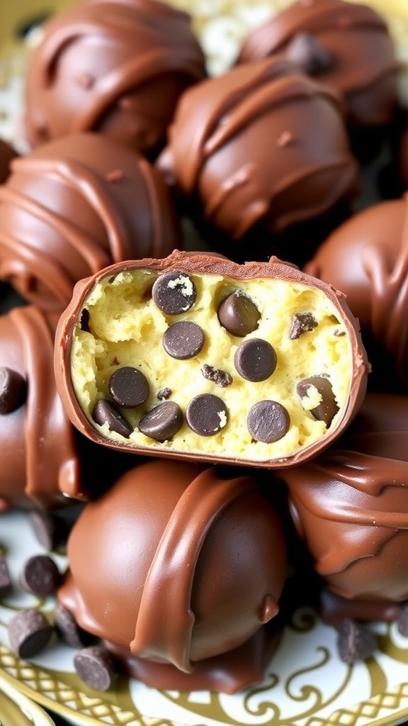 Chocolate chip cookie dough truffles with a rich chocolate coating and cookie dough center, displayed on a plate.